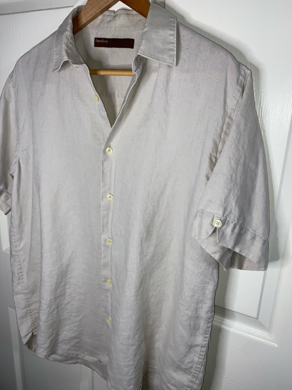 Perry Ellis Men's Linen Short-Sleeve Button-Down Shirt in Light Beige